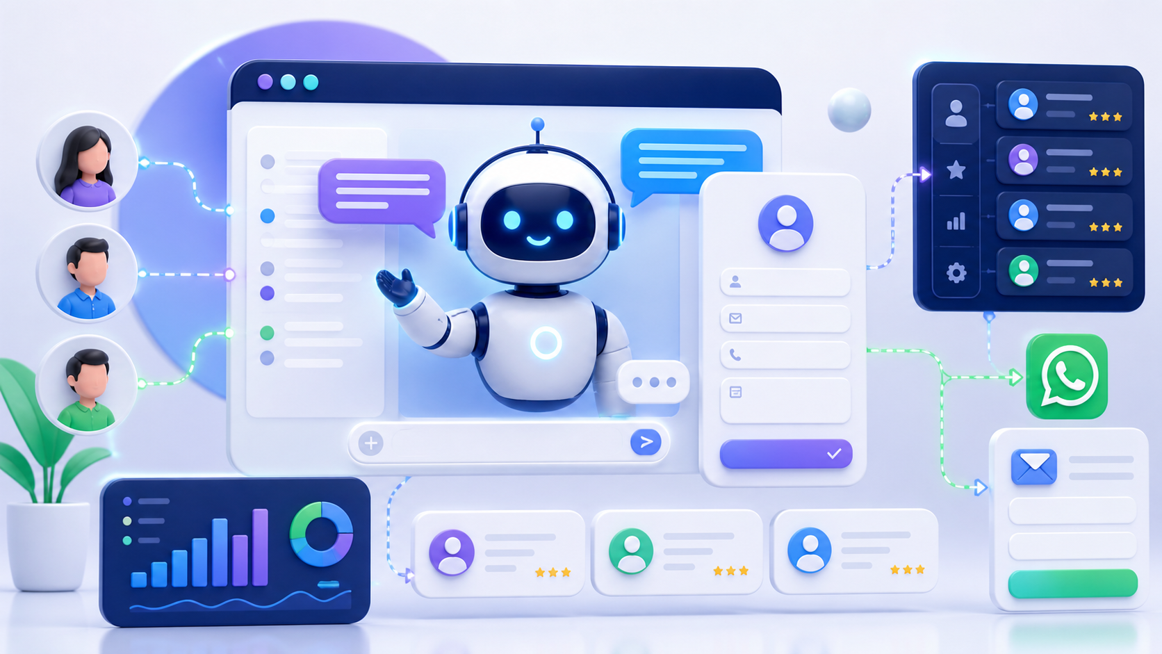 AI müşteri karşılama, chat asistanı ve lead toplama akışını temsil eden blog kapak görseli