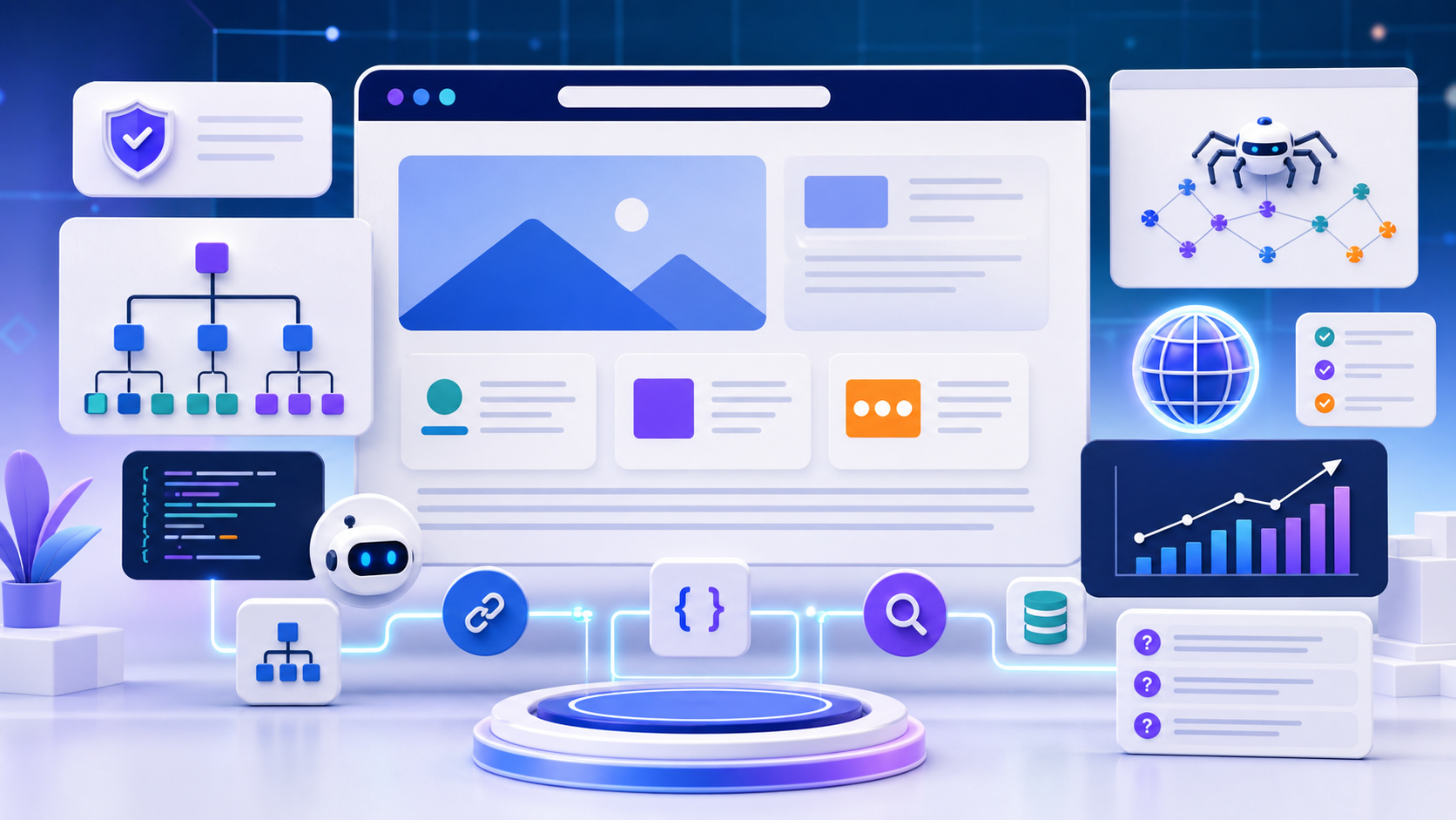 SEO uyumlu site, sitemap, schema ve metadata yapısını temsil eden blog kapak görseli