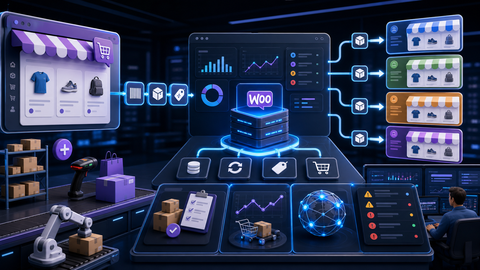 WooCommerce pazaryeri entegrasyonu, stok ve sipariş senkronizasyonunu temsil eden blog kapak görseli