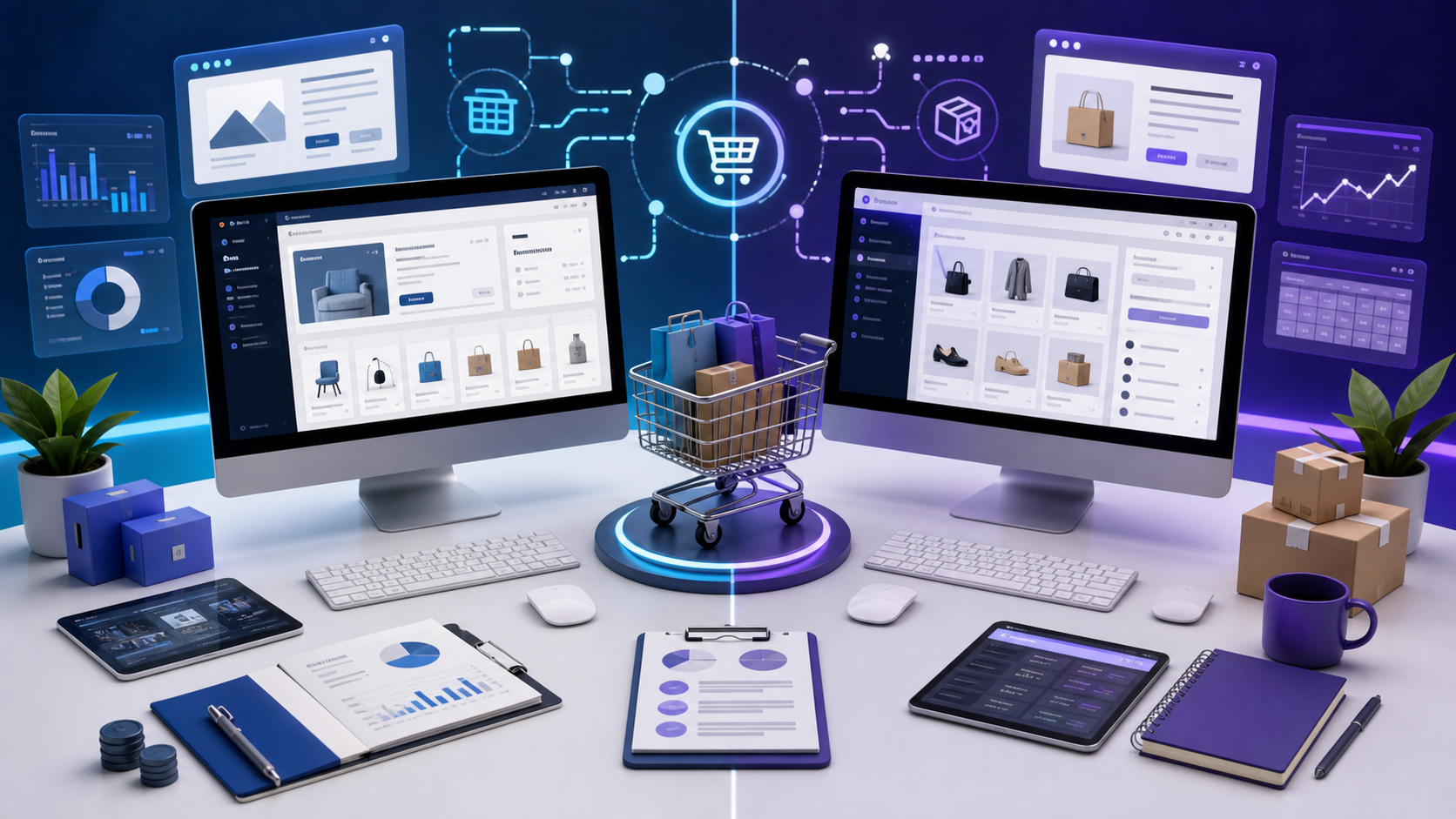 WordPress, WooCommerce ve OpenCart altyapı seçimini temsil eden blog kapak görseli